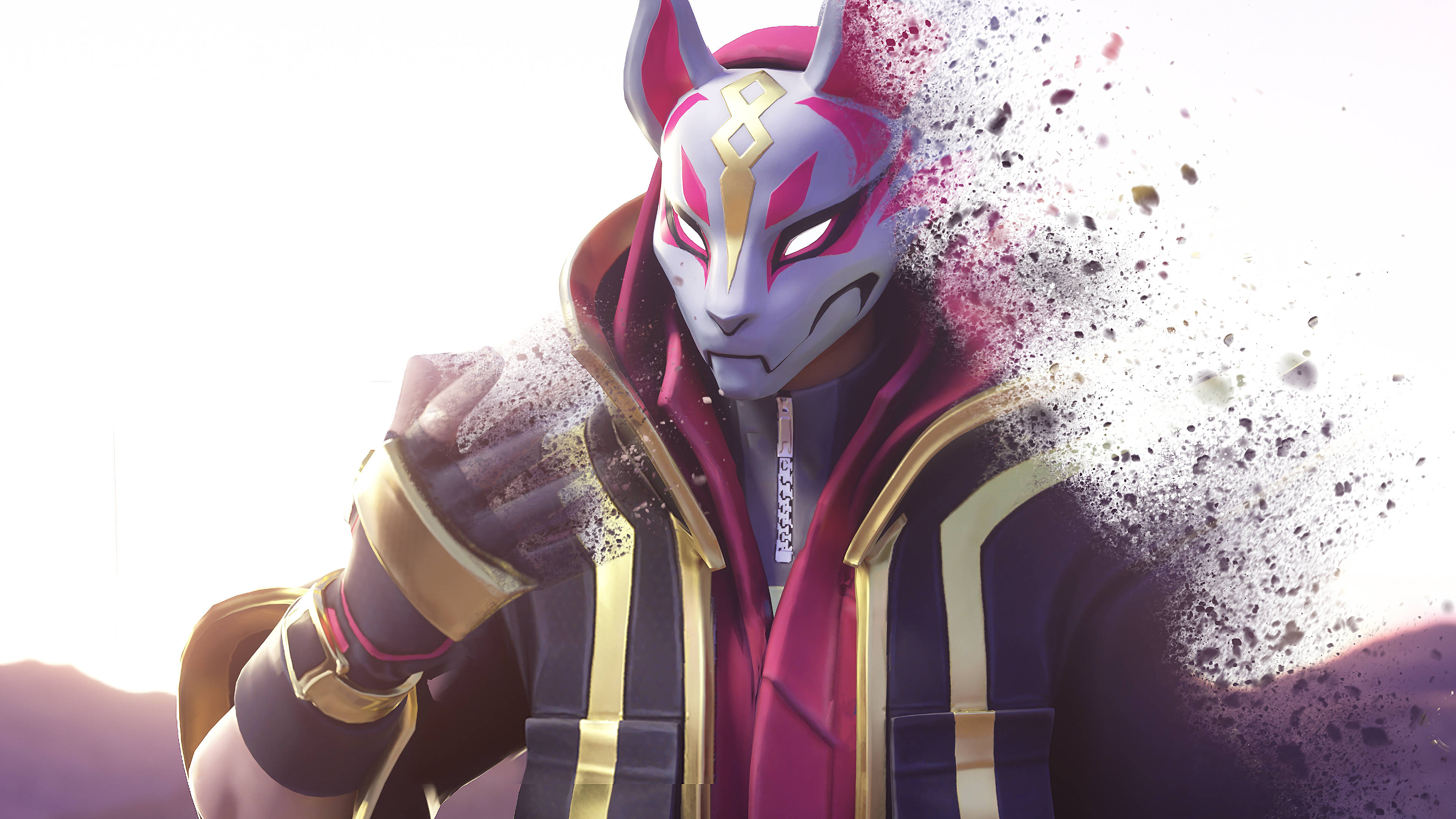 漸隱 Drift Fortnite 3D 壁紙 — 一個戴著面具、像狐狸的動漫角色，穿著洋紅色和金色的服裝，在明亮的背景下分解成粒子。