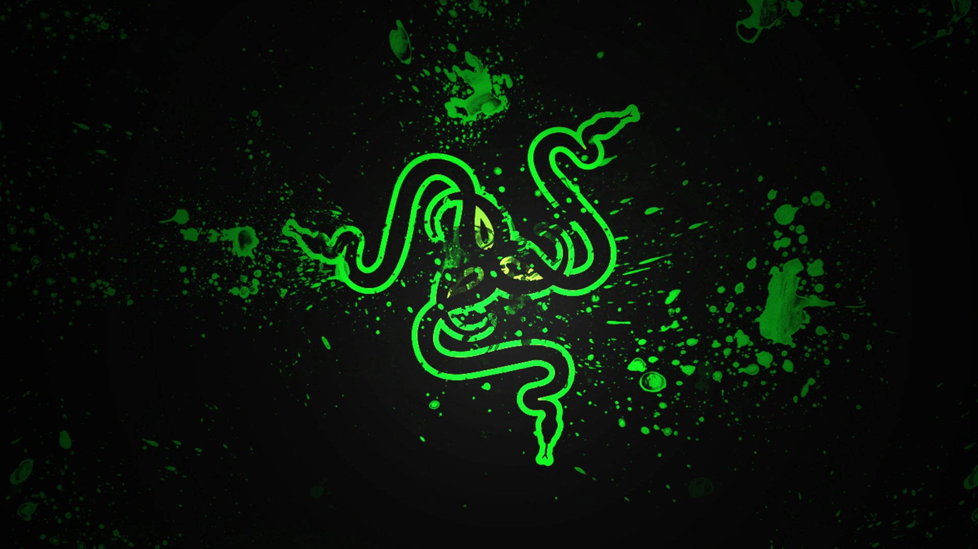 潑墨設計的 Razer PC 標誌 壁紙 — 發光綠色Razer標誌散落在黑色背景上，帶有霓虹漆滴。