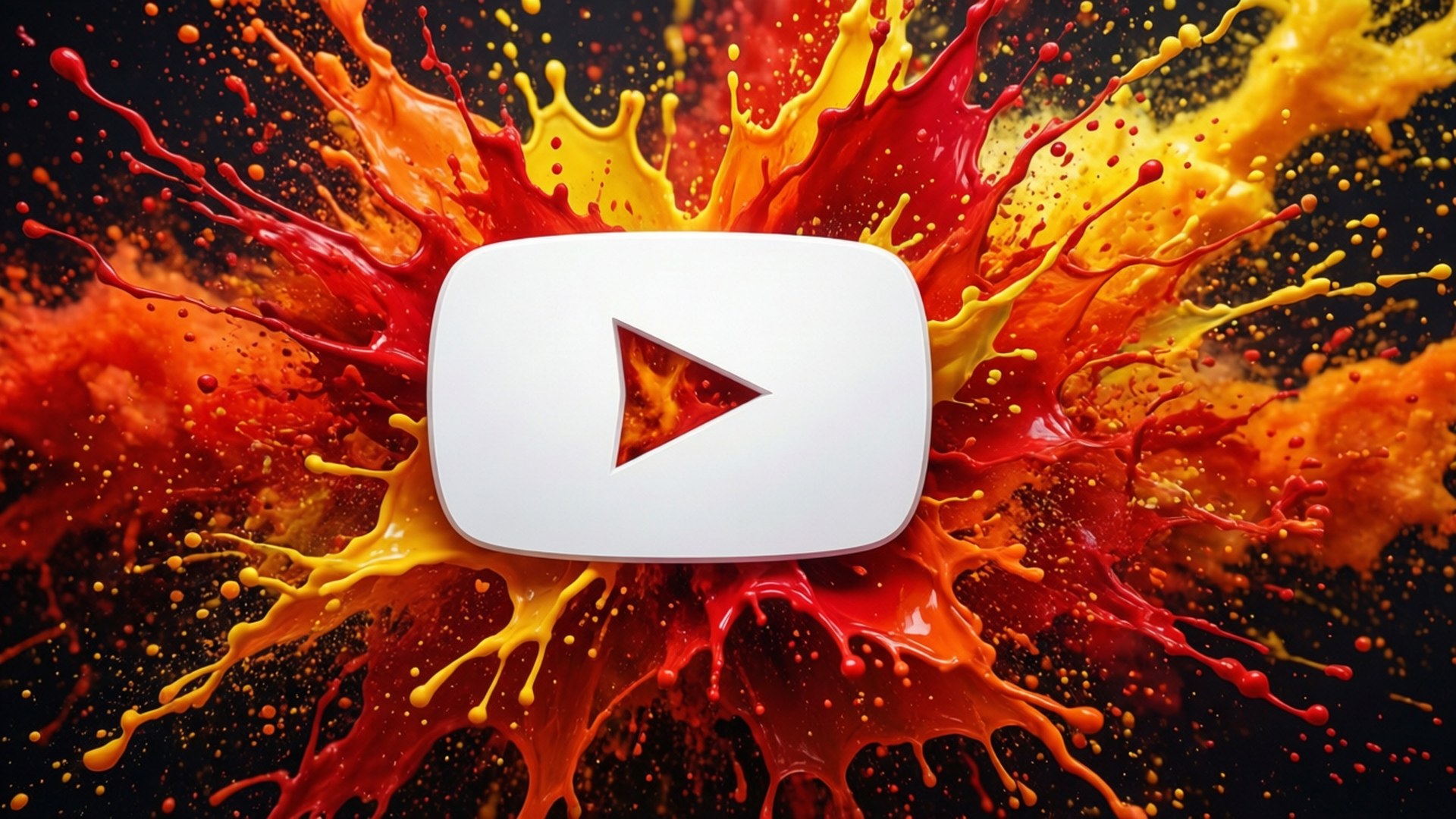 YouTube標誌被紅色和黃色油漆飛濺包圍在黑色背景上