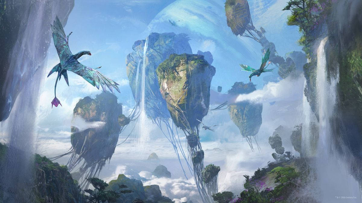 潘多拉浮空岩石上的巨鳥 壁紙 — 浮島上有層疊瀑布和帶翼生物在明亮的藍天中翱翔。