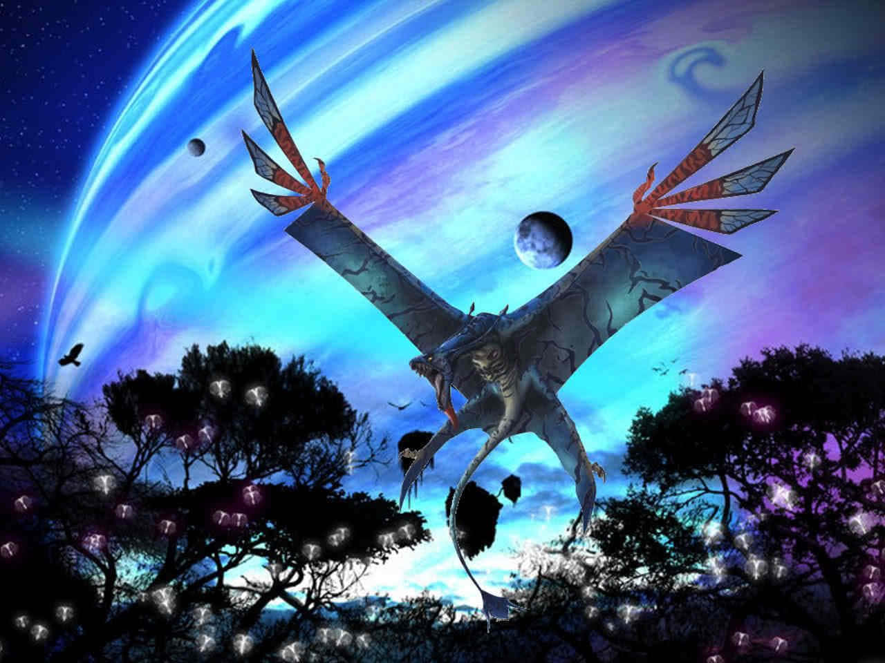 一條龍在發光的樹木上方飛翔，下方是宇宙天空，有行星和月亮。