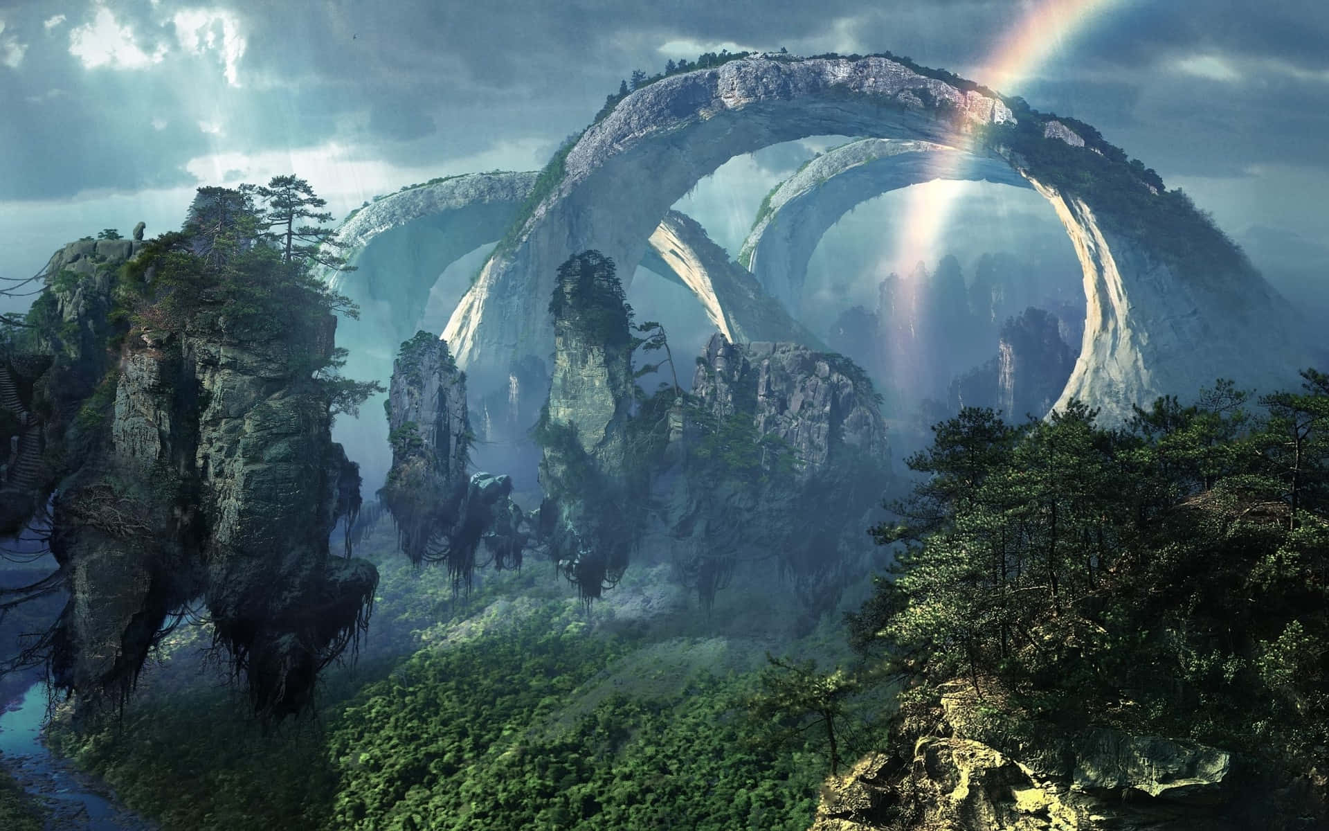 奇幻山拱門與彩虹在霧林