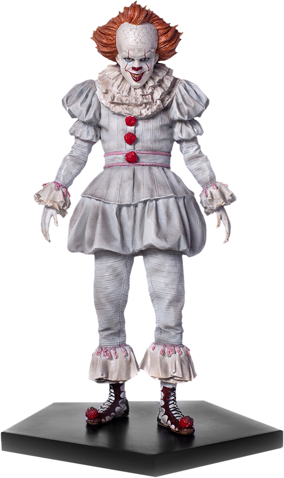 潘尼懷斯 站立小丑人偶 壁紙 — 一個詳細嘅小丑Pennywise公仔，紅頭髮白面同皺邊服裝，企喺黑色底座上。