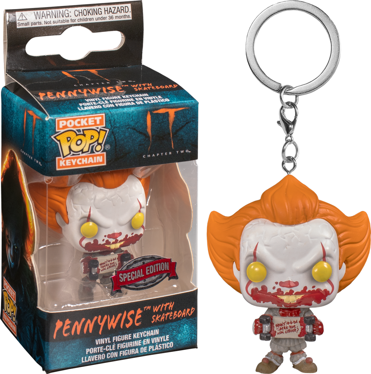 潘尼懷斯特別版鑰匙圈 壁紙 — 來自《IT：第二章》的潘尼懷斯 Funko Pocket Pop! 鑰匙扣，附有滑板，旁邊是其品牌包裝。