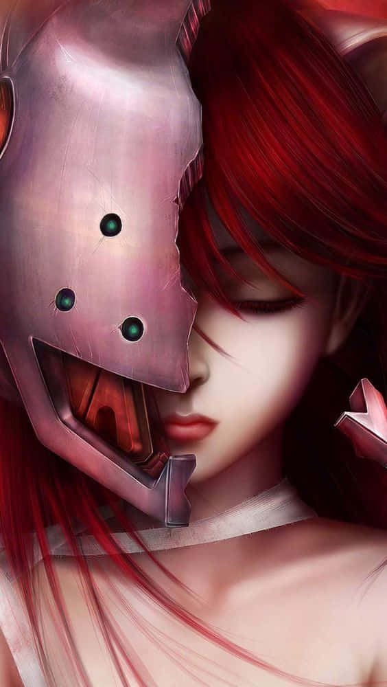 紅髮動漫女孩靠在一個帶有發光眼睛的破裂未來風格頭盔上。