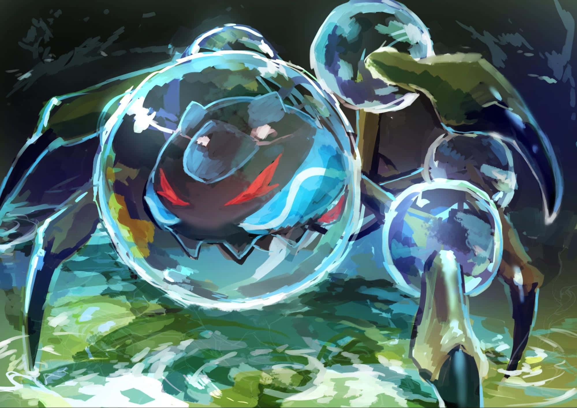 潛伏的 Araquanid 壁紙 — 一個風格化的動漫生物，帶有發光的藍色氣泡和紅色眼睛，從黑暗天空下的綠色水中浮現。