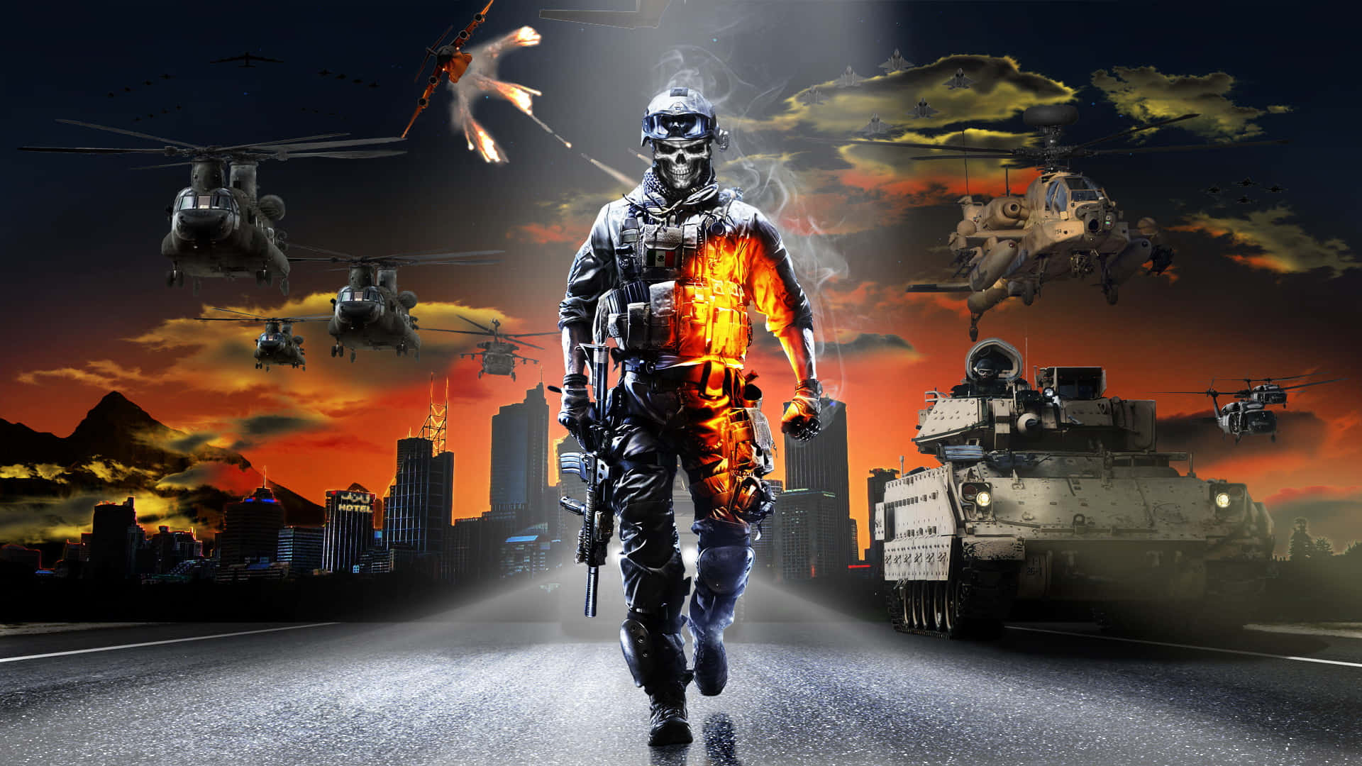 潛入《Battlefield 3》的激烈世界 壁紙 — 一名身穿發光盔甲的士兵在城市的街道上前行，而直升機和坦克在夕陽下於頭頂交戰。