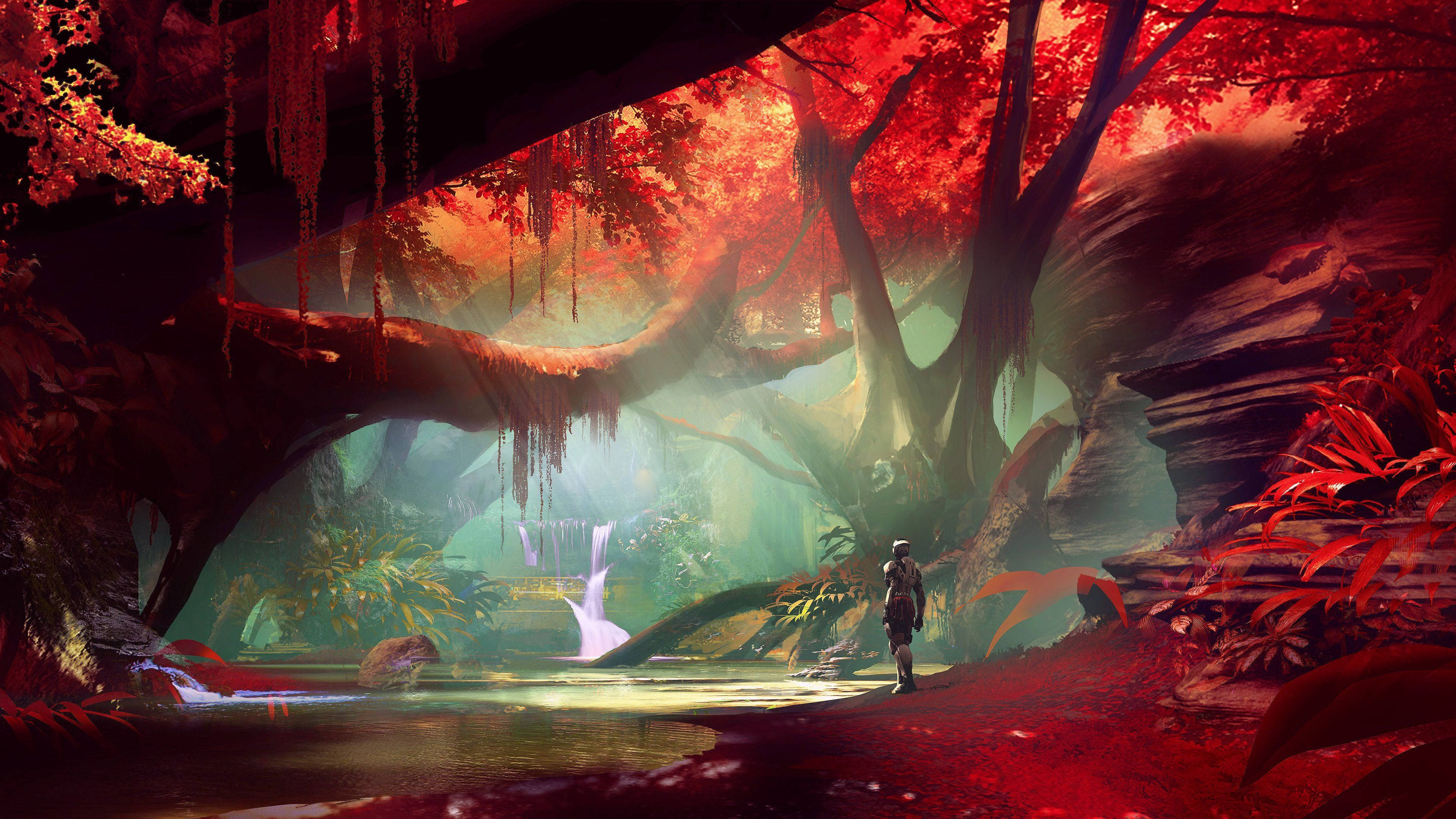 潛入《Destiny 2：Shadowkeep》的精彩世界 壁紙 — 一個孤獨的身影站在火紅樹木的樹冠下，霧氣瀰漫的叢林中有一個發光的瀑布。