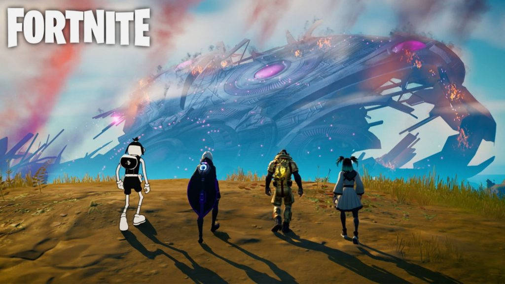 四個Fortnite角色在黃昏時分接近沙漠中的一艘巨大外星飛船。