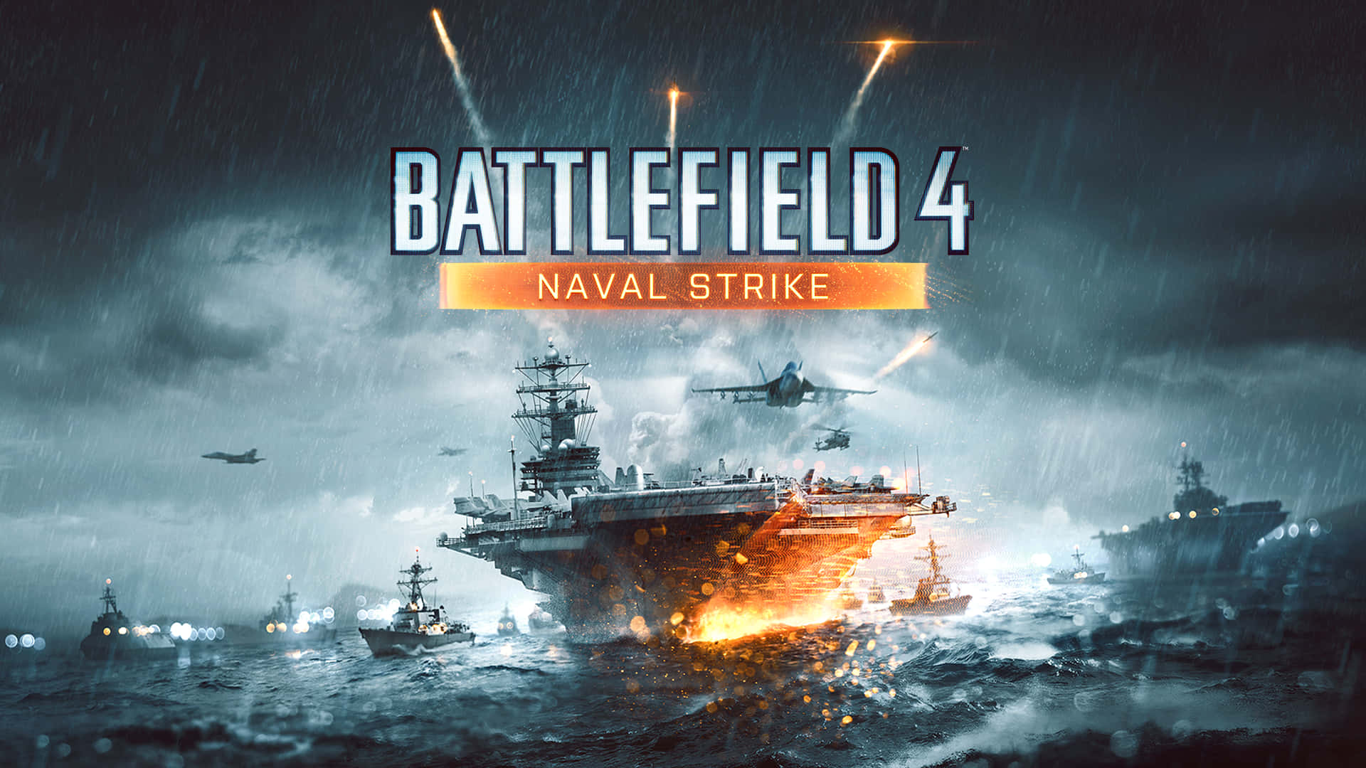 潛入《戰地4》的經典戰鬥 壁紙 — 一艘巨大的航空母艦在風暴海洋中奮戰，戰鬥機在爆炸和雨中起飛。