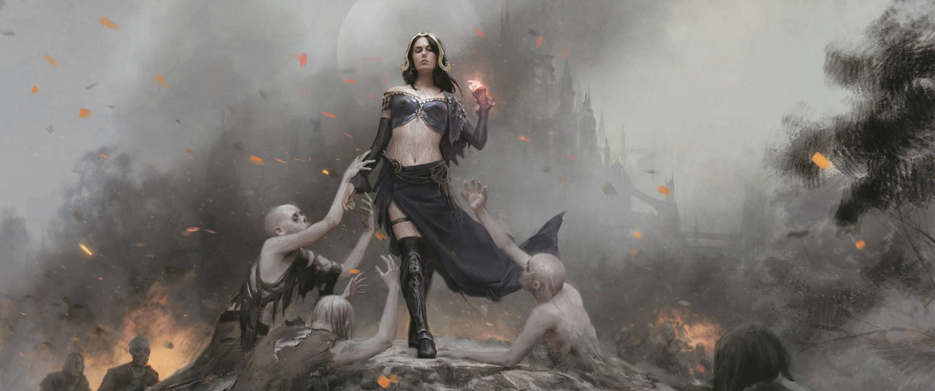 一個奇幻女戰士站在懸崖上，不死生物向她伸手。