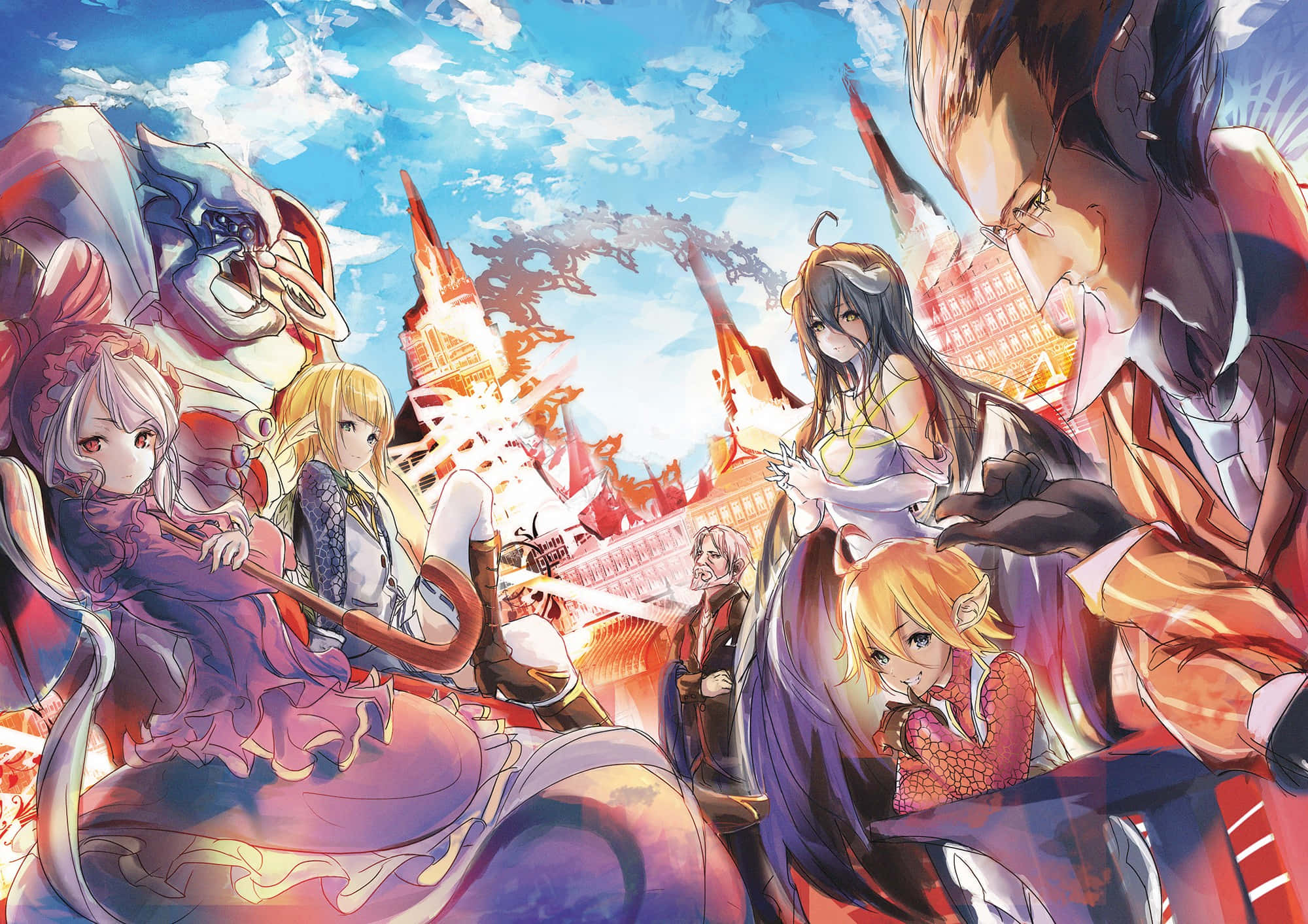「潛入充滿古老魔法的Overlord世界」 壁紙 — 動漫角色在藍天白雲下，於激烈的戰鬥中擺出動態姿勢。