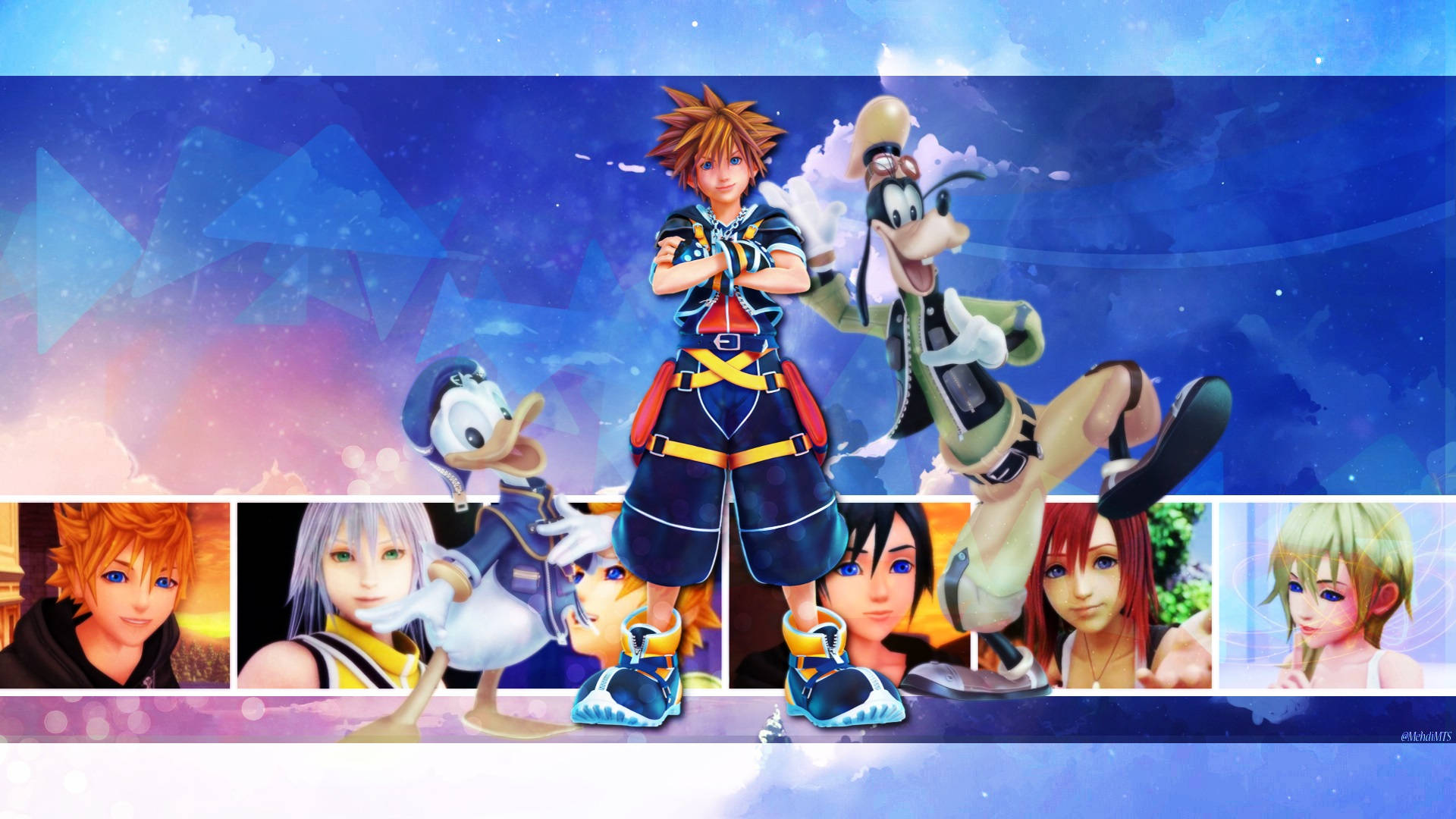 Kingdom Hearts 角色以動態姿勢站在繁星點點的天空下，背景有漂浮的肖像。
