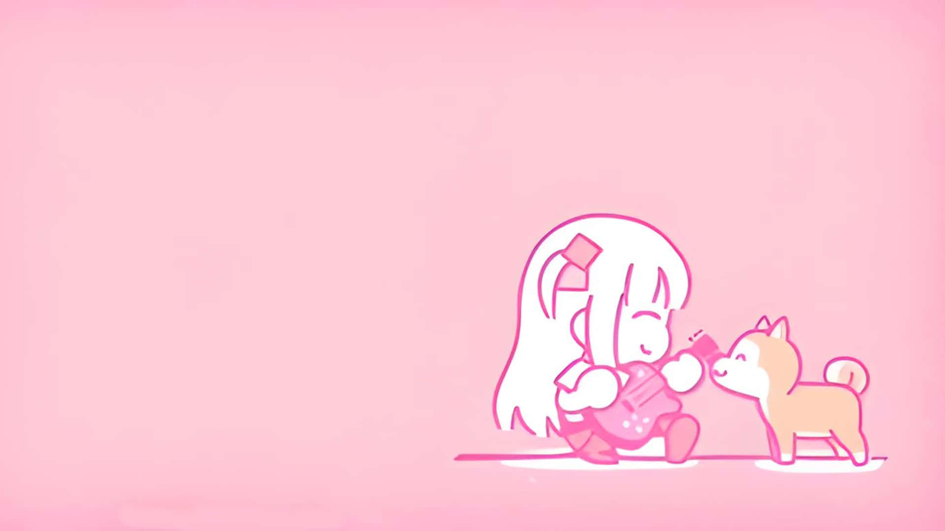 潛入動畫的奇幻世界！ 壁紙 — 一個可愛的白髮動漫女孩在純粉紅色背景上為一隻小棕狗彈奏粉紅色結他。