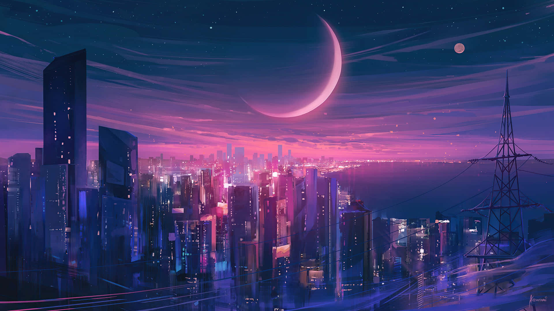 夜晚的未來城市景觀，發光的摩天大樓和紫色天空中的彎月。