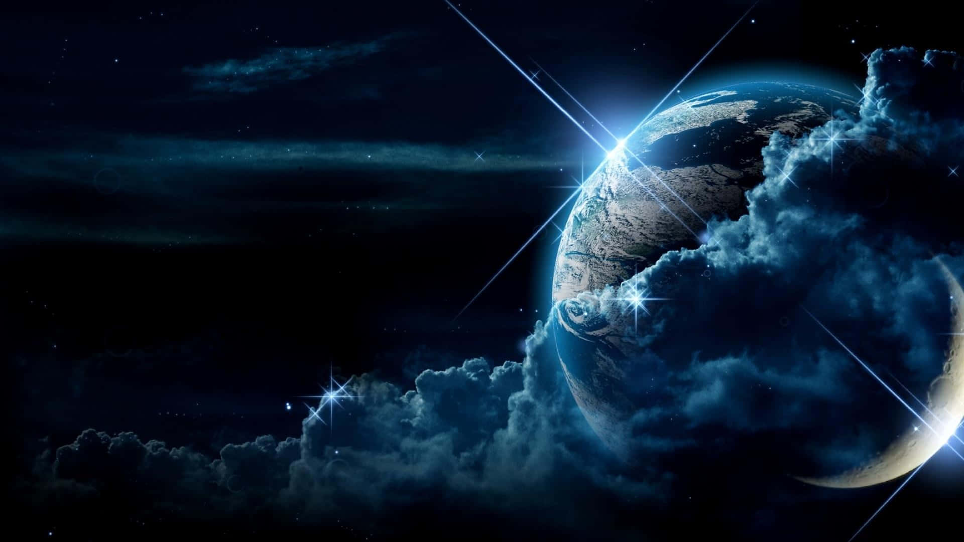 在繁星點點的夜空下，地球穿過宇宙雲層發光。