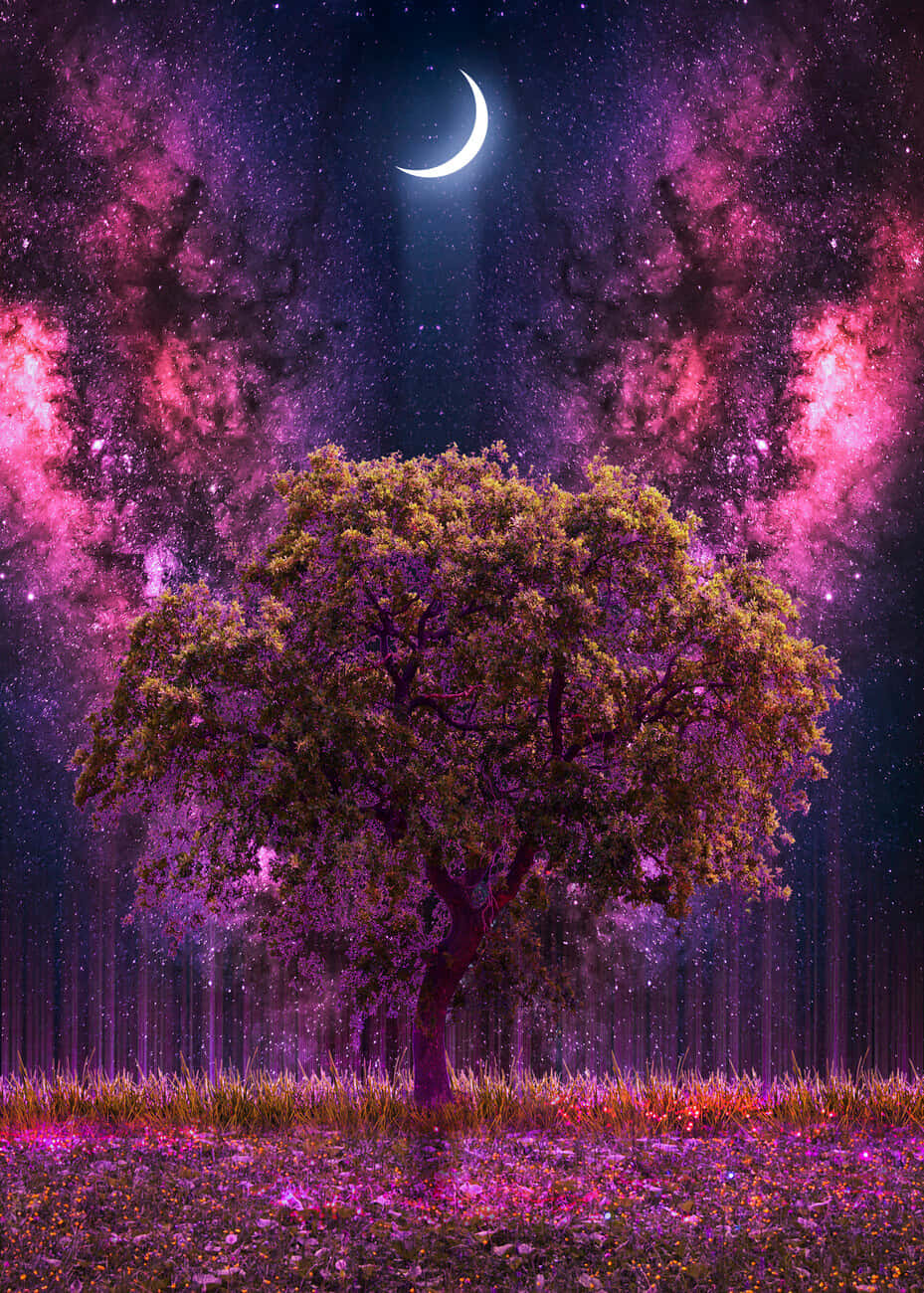 一棵孤樹在發光的花朵田野中，背景是粉紅色星雲和新月。