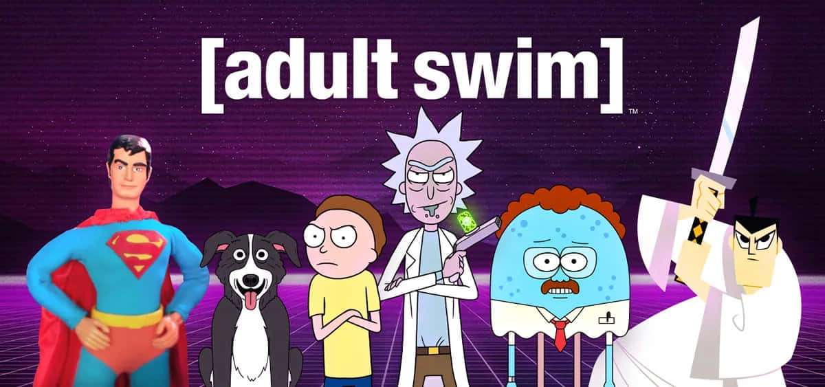 Adult Swim 標誌，包含超人和 Rick Sanchez 等卡通角色。