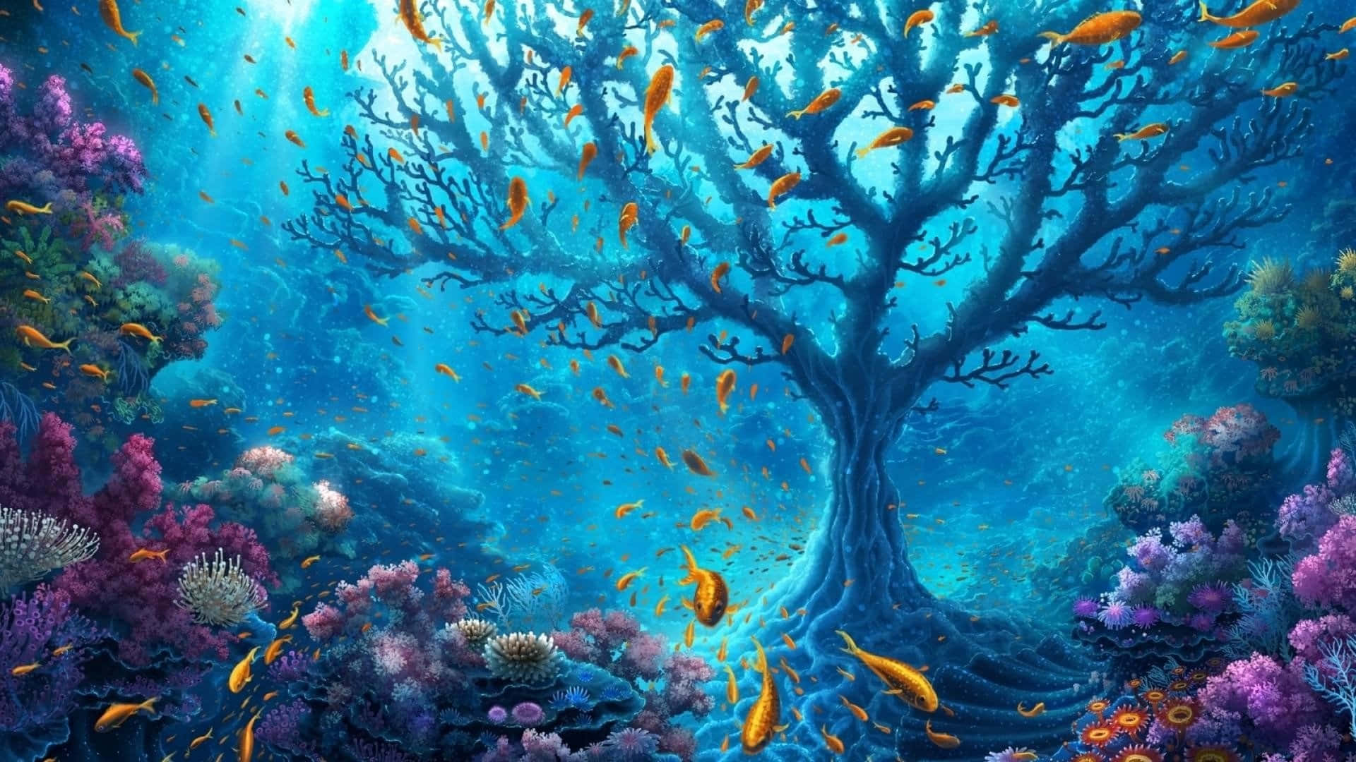 潛入探索水面之下的世界 壁紙 — 一棵雄偉的藍色珊瑚樹矗立在充滿活力的海底景觀中，橙色魚群在色彩繽紛的珊瑚礁間游動。