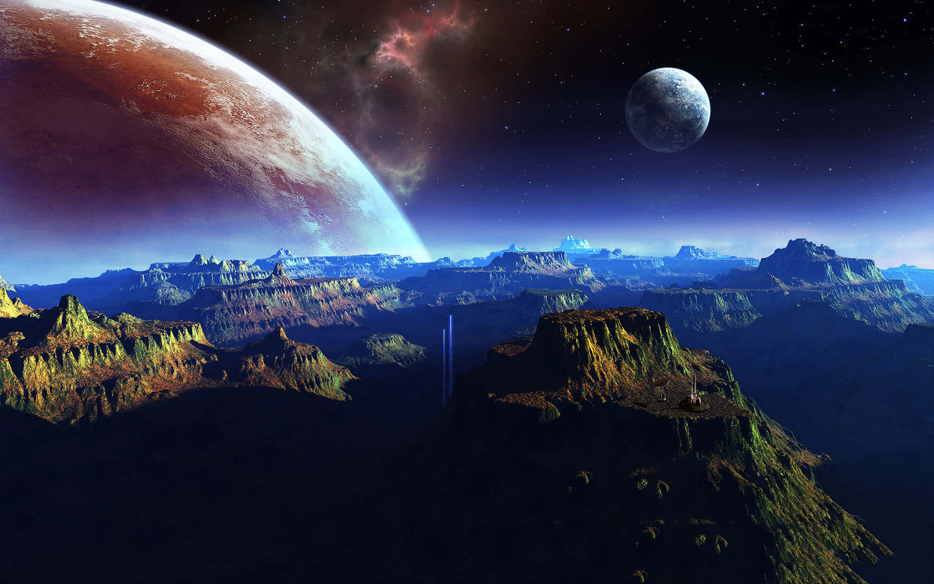 在太空中的巨大行星和月亮下的外星山脈。