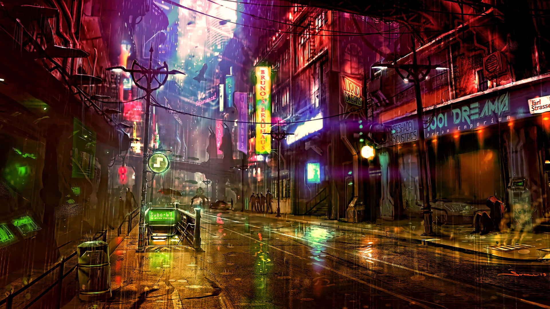 未來城市街道夜景，霓虹燈光反射在濕漉漉的人行道上。