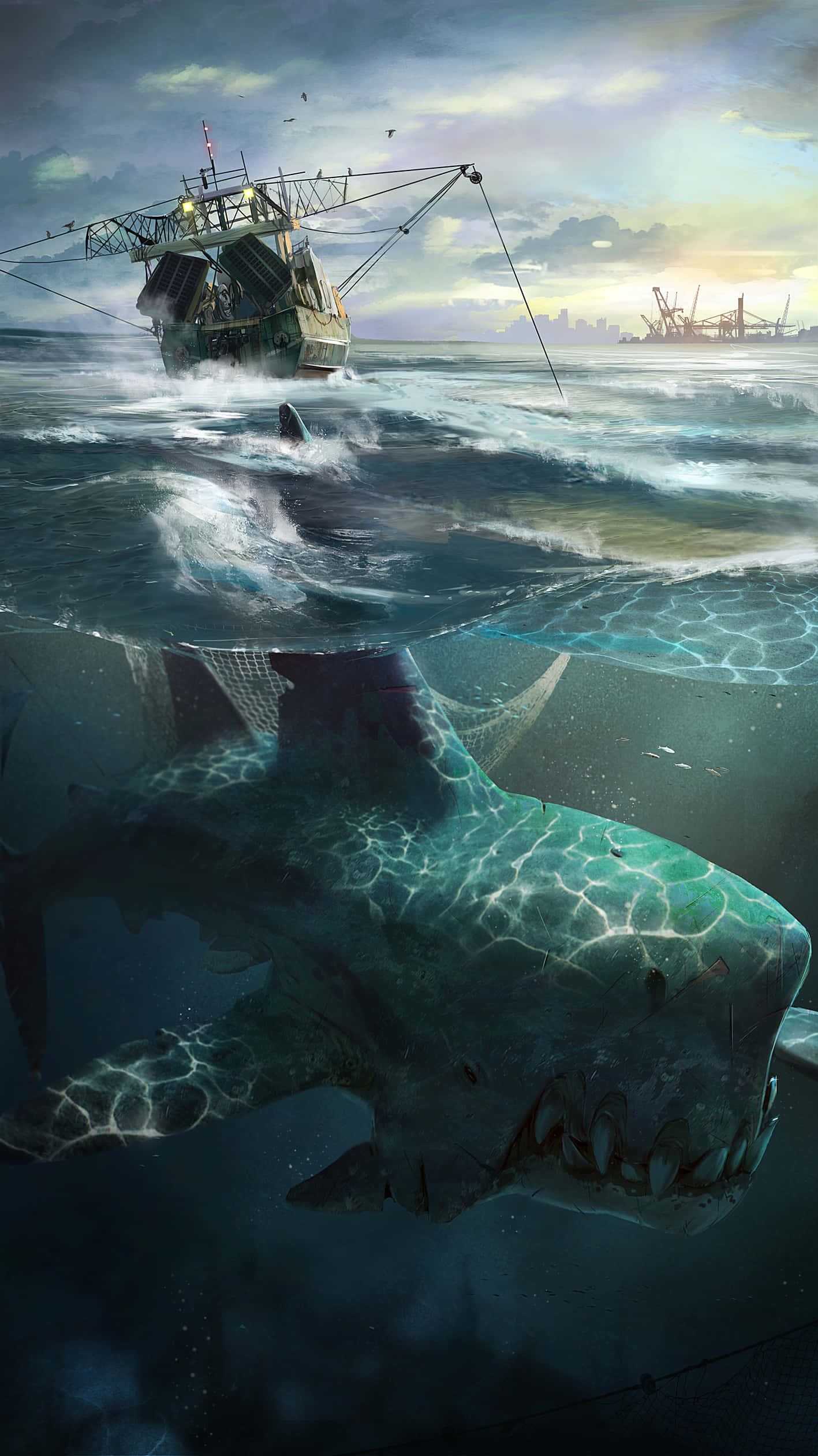 潛入深海，感受恐懼與美的交融 壁紙 — 一條巨大的鯊魚在暴風雨黃昏的天空下，衝破波濤洶湧的海水，靠近一艘正在下沉的漁船。