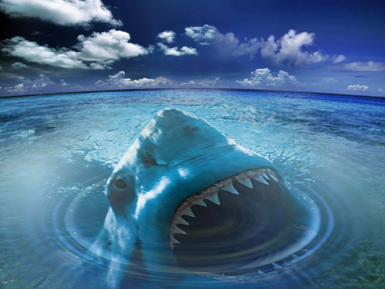 潛入深海，與鯊魚正面相遇！ 壁紙 — 一條巨大的鯊魚在戲劇性的多雲天空下衝破碧綠的海面。