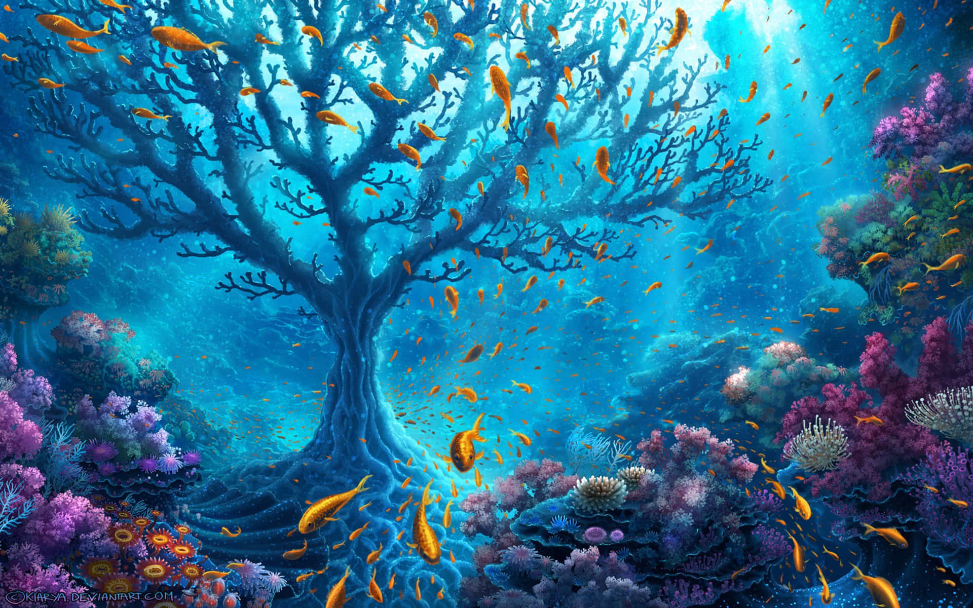 水下場景，有珊瑚樹和金色魚兒在藍色水中游動。