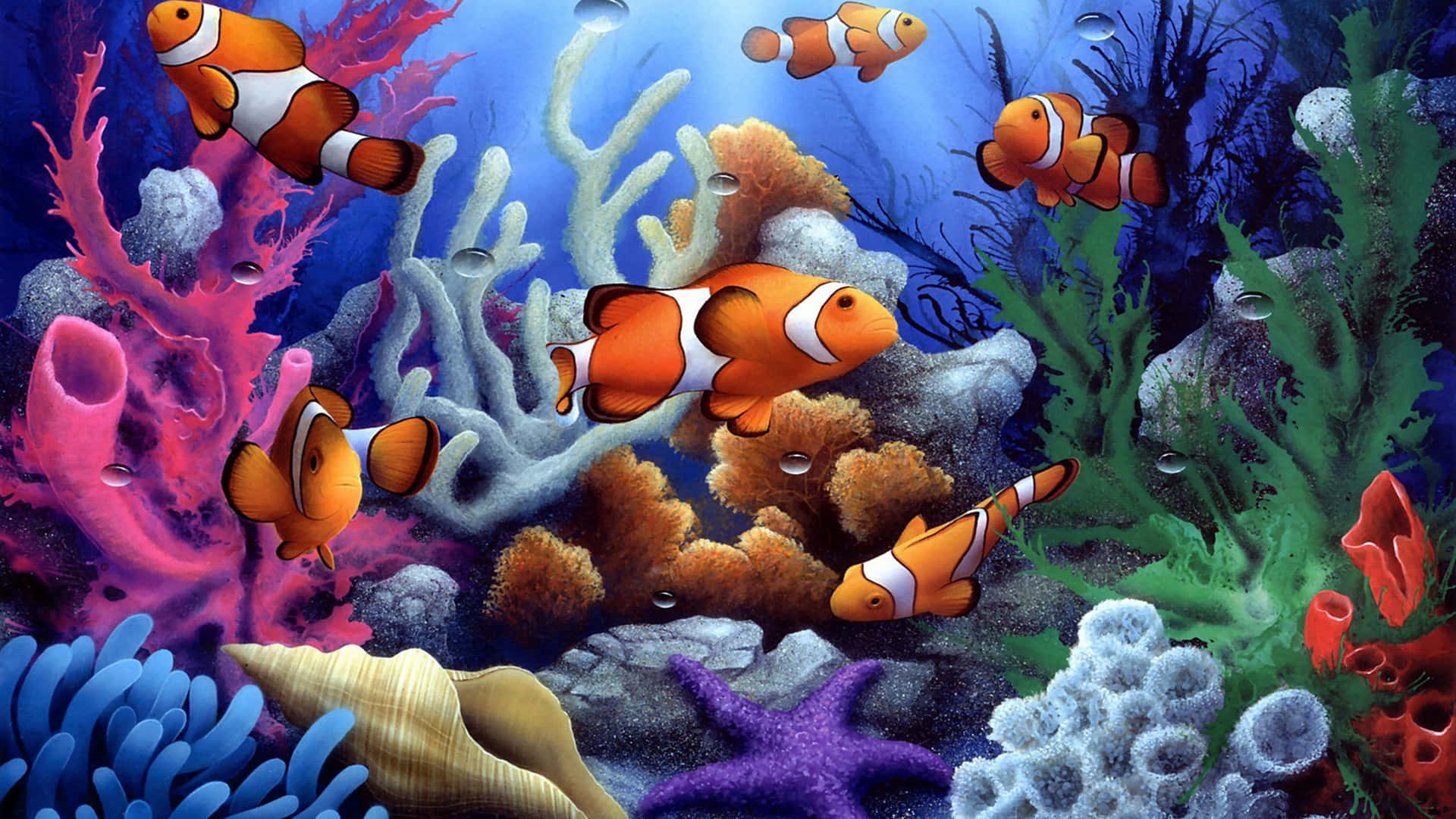 潛入碧綠海洋的深處 壁紙 — 色彩繽紛的小丑魚在色彩斑斕的珊瑚和海葵之間游動，構成生動的水下場景。