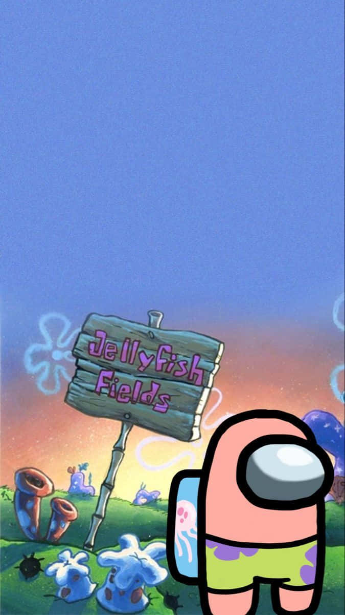 日落時分喺Jellyfish Fields標誌前嘅Among Us角色