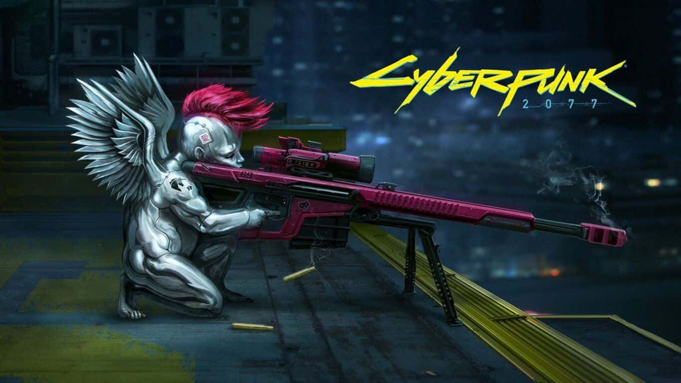Cyberpunk 2077 天使手持粉紅色狙擊步槍在雨夜屋頂