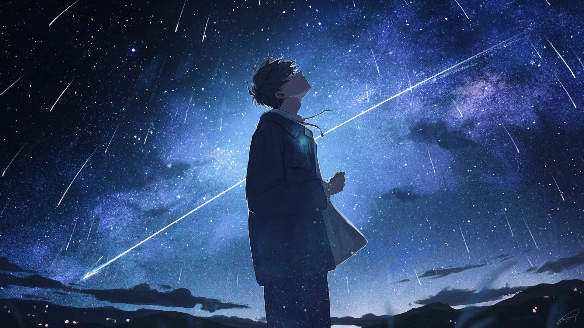 動畫男孩站在星空下觀看流星。