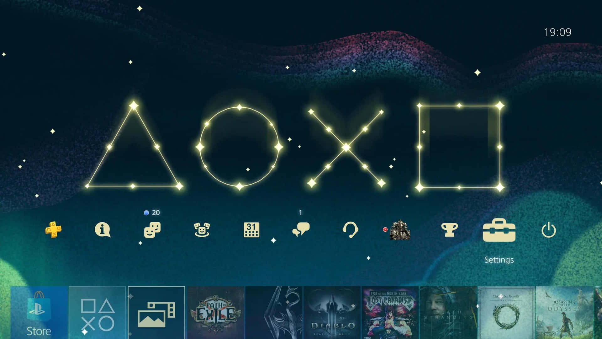 PlayStation主畫面，帶有發光符號和遊戲圖標，背景為星空。