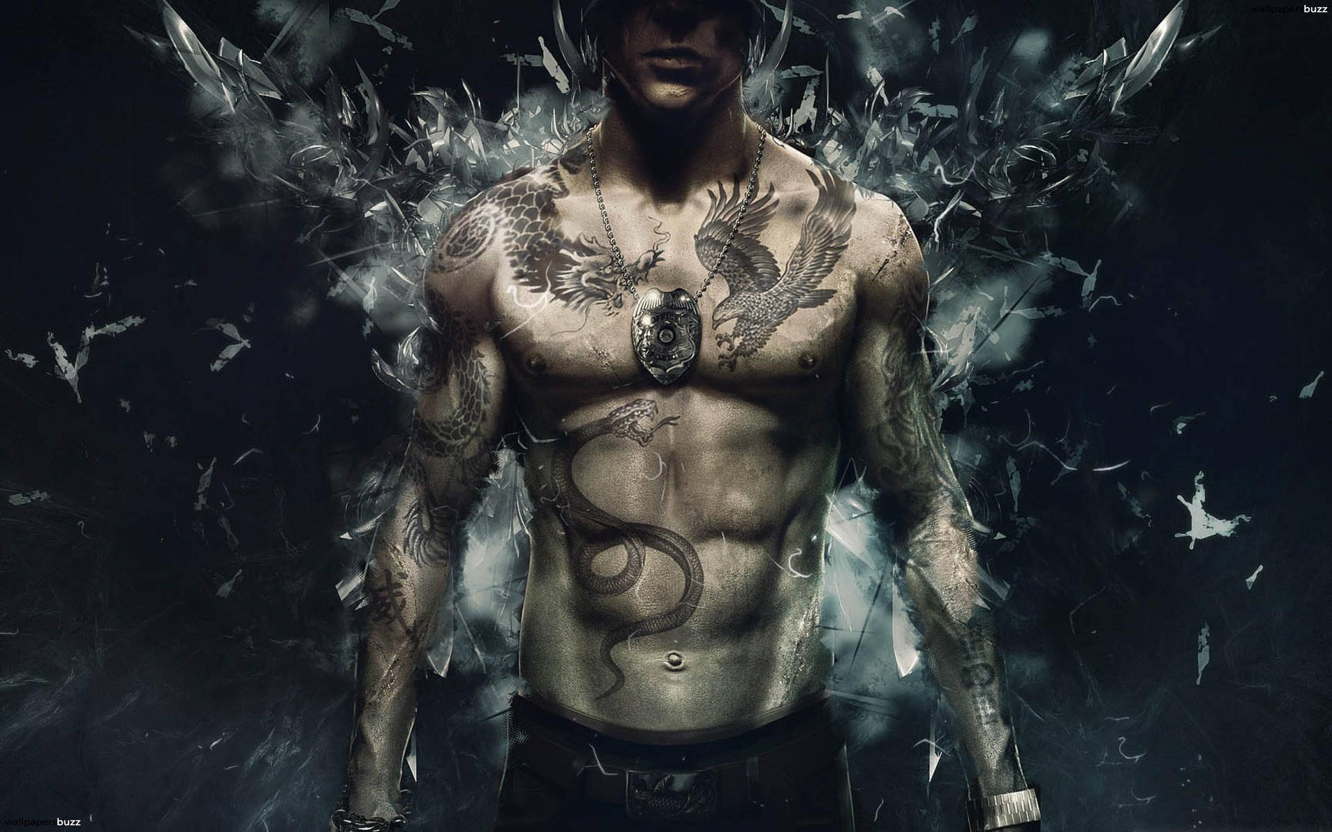有紋身的男人帶著破碎玻璃翅膀在黑暗煙霧背景