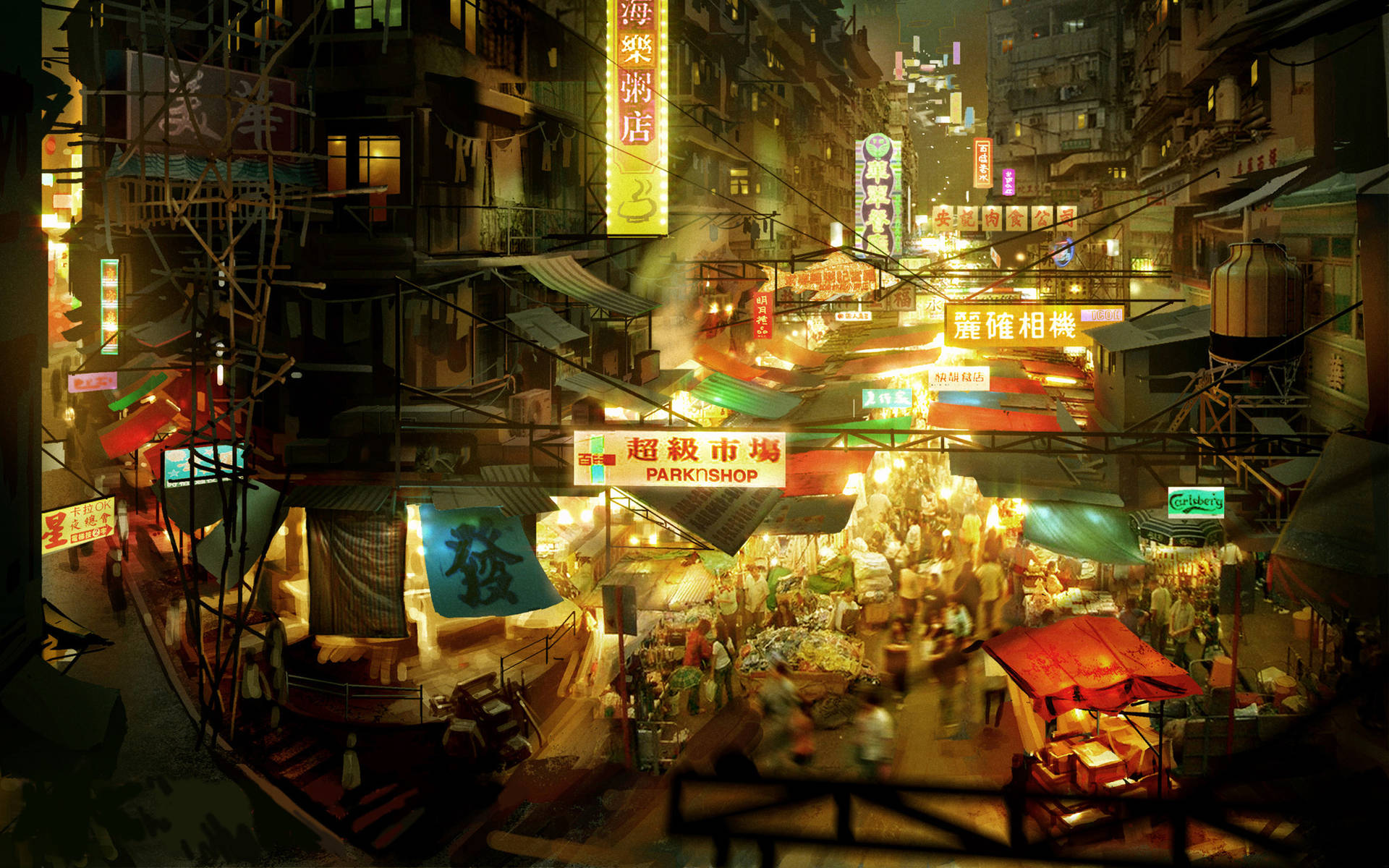 夜市小巷，在溫暖燈光下有發光的招牌和擁擠的攤位。
