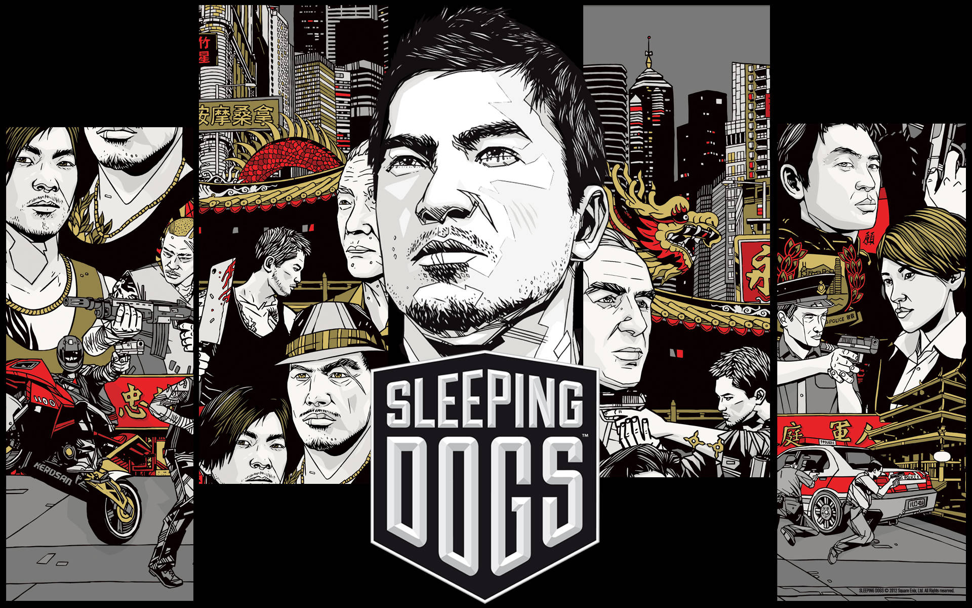《Sleeping Dogs》遊戲海報，以漫畫風格角色呈現於城市環境中。