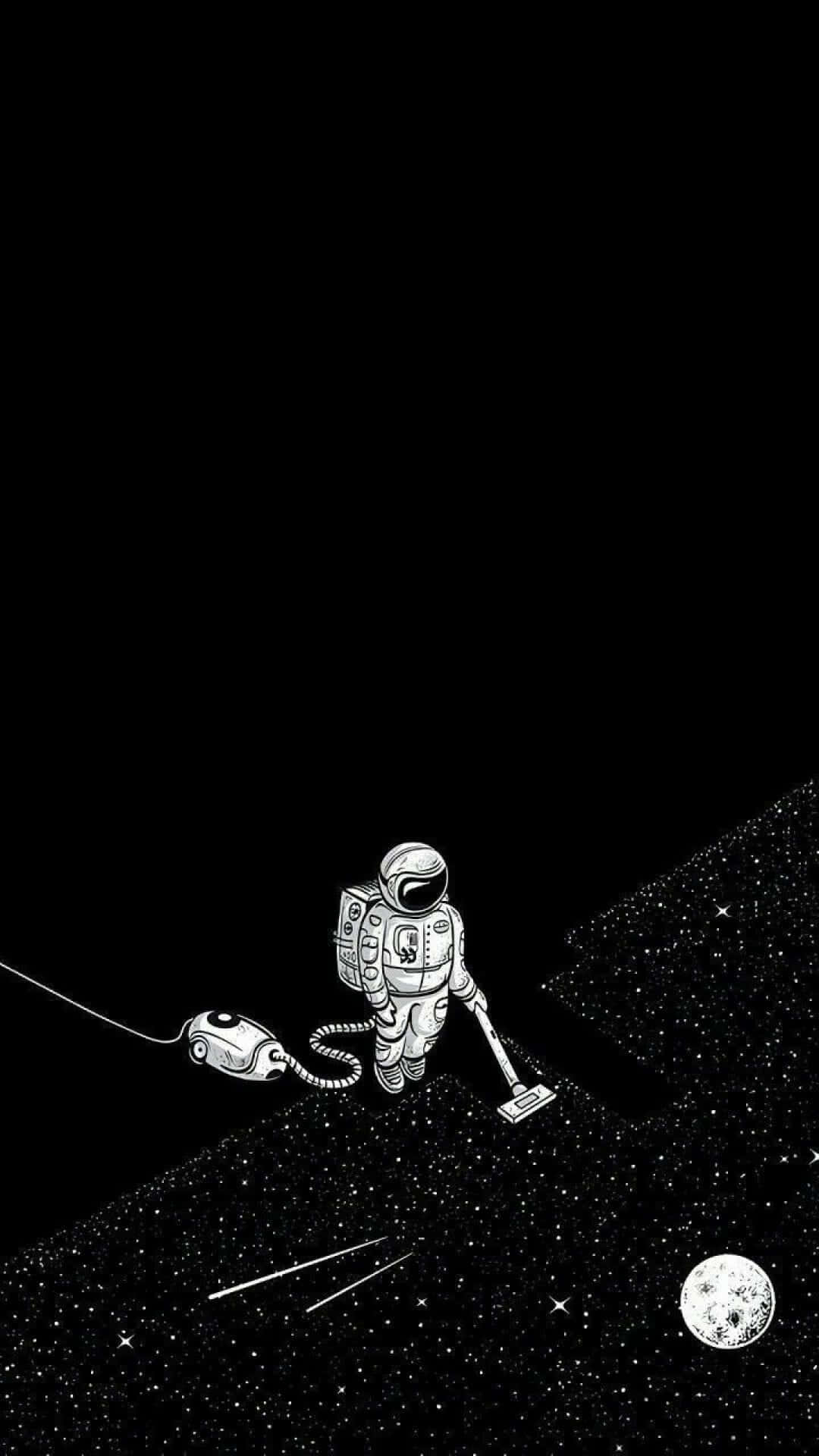 太空人在宇宙地板上吸星星，背景有月亮。