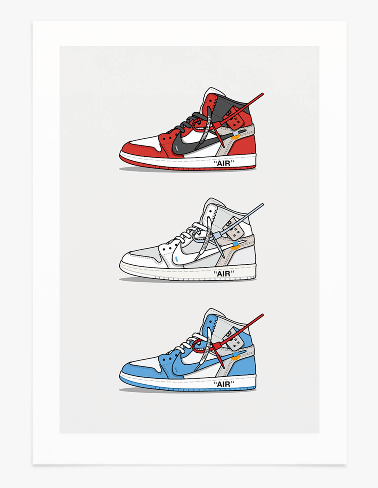 潮流文化卡通運動鞋 壁紙 — 三雙風格化的 Off-White x Air Jordan 1 運動鞋，顏色為紅、白、灰和藍，垂直堆疊，帶有對角紅色鞋帶。