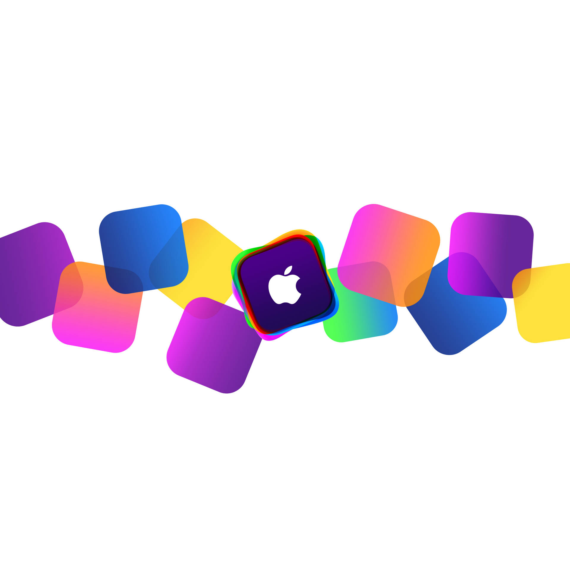 白色背景上中央帶有Apple標誌的彩色漸變正方形
