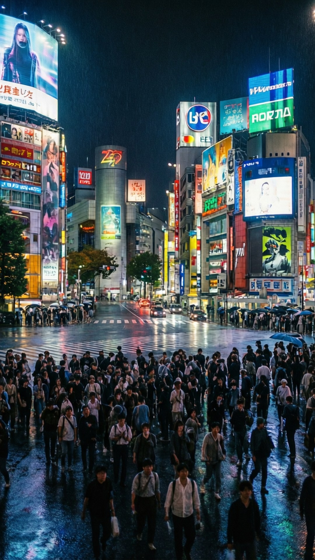 夜晚東京街景，霓虹燈閃爍，人群在雨中行走。
