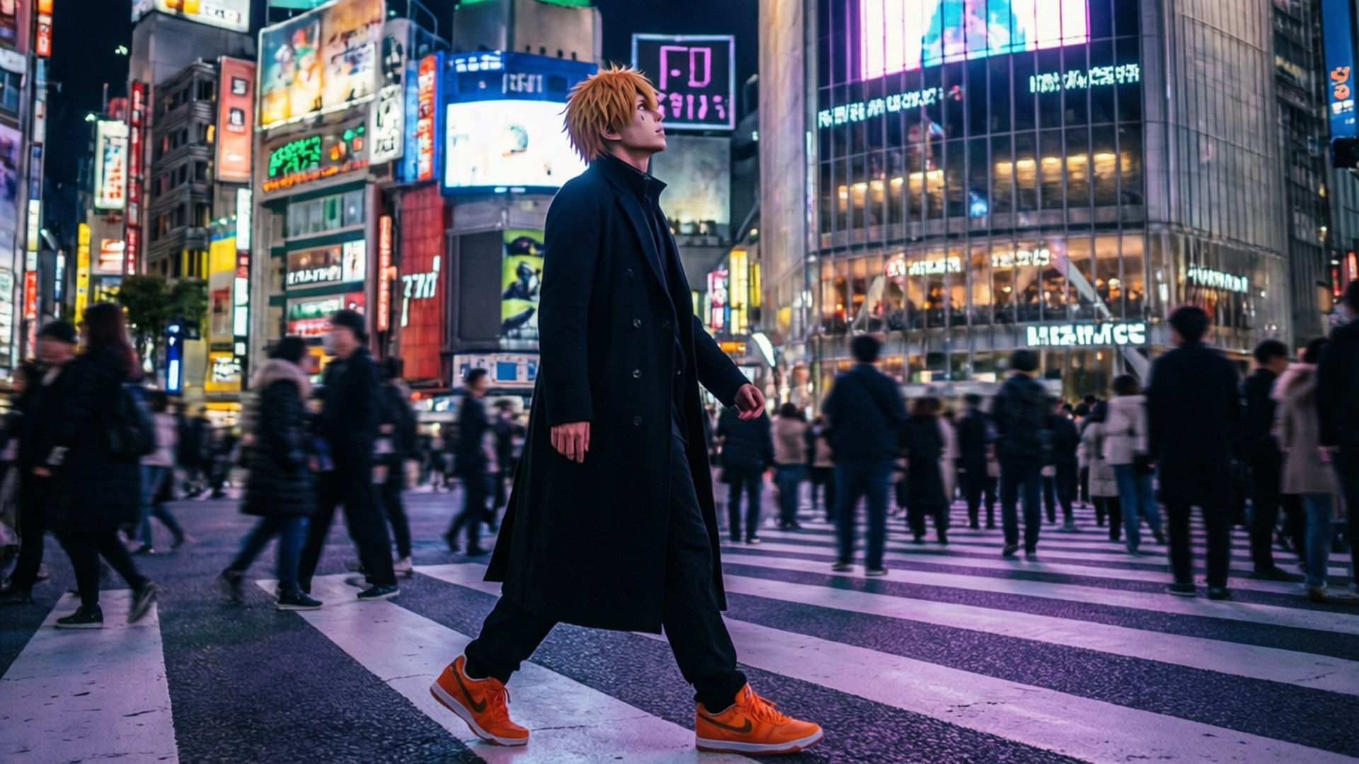 橙色頭髮的角色扮演者在夜晚穿越霓虹燈閃爍的東京街道。
