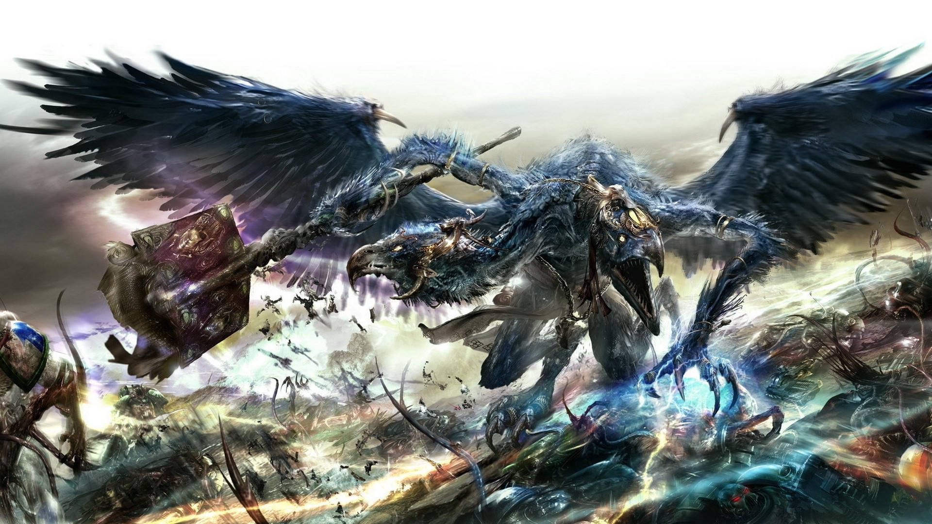一隻神話中的多頭藍色翅膀怪獸在魔法戰場上攻擊戰士。