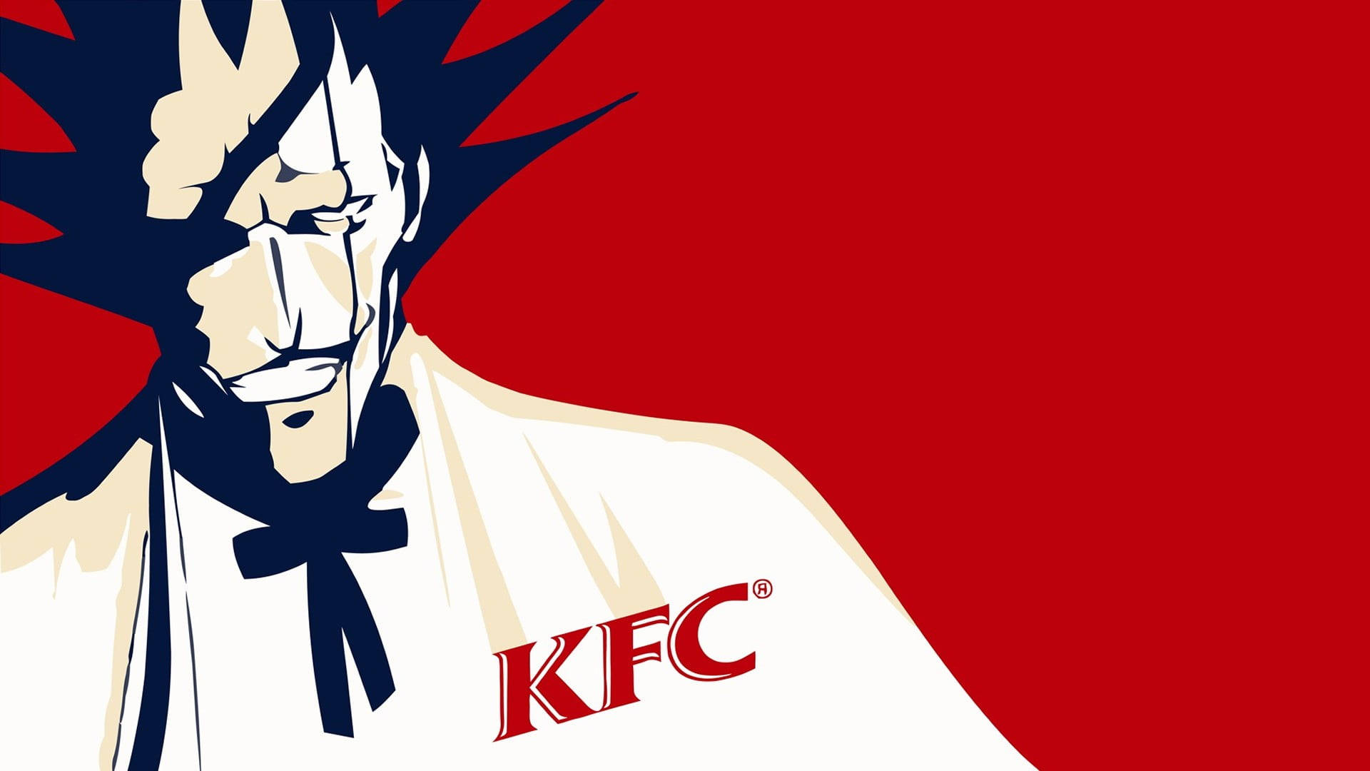 澤拉基·劍八 KFC同人圖 壁紙 — 大膽風格化的山德士上校插圖，身穿白色西裝，背景為鮮紅色，帶有KFC標誌。