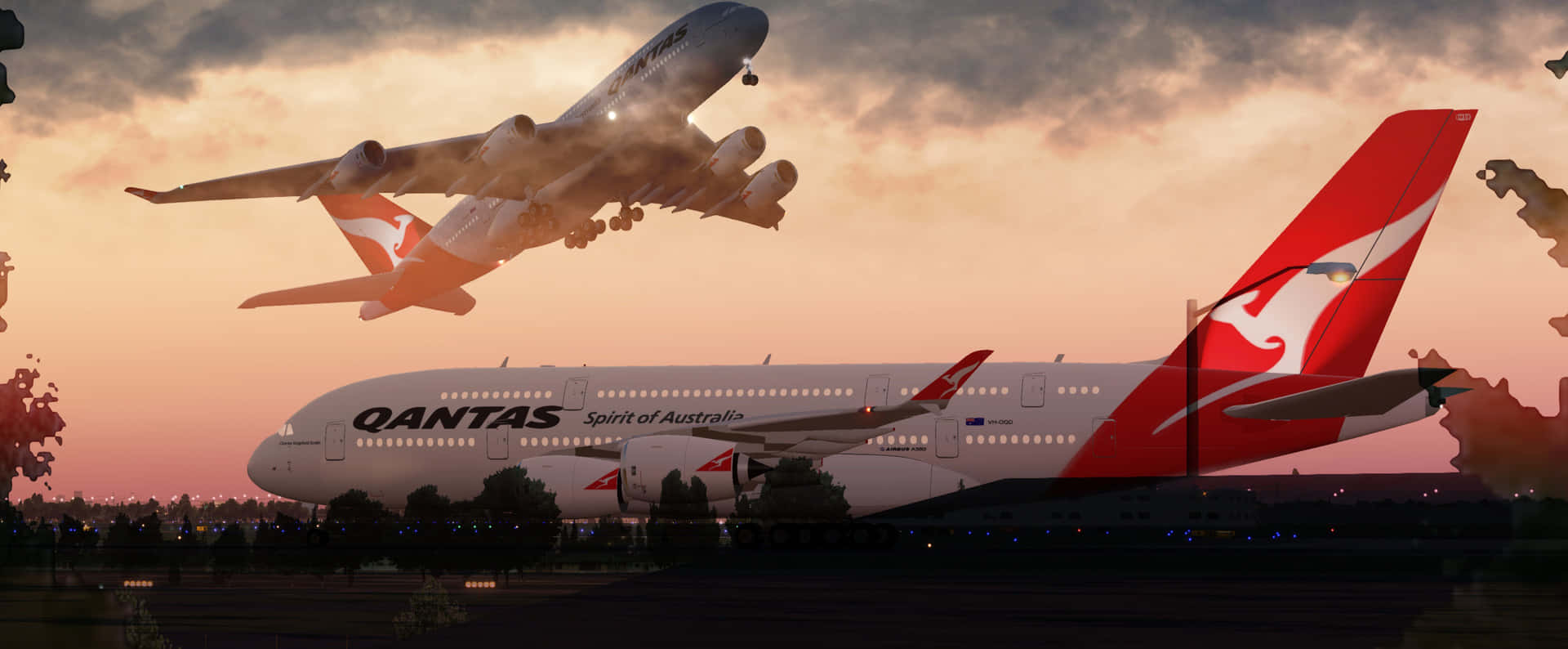 日落時分的兩架澳航A380飛機，一架飛行中，一架在地面