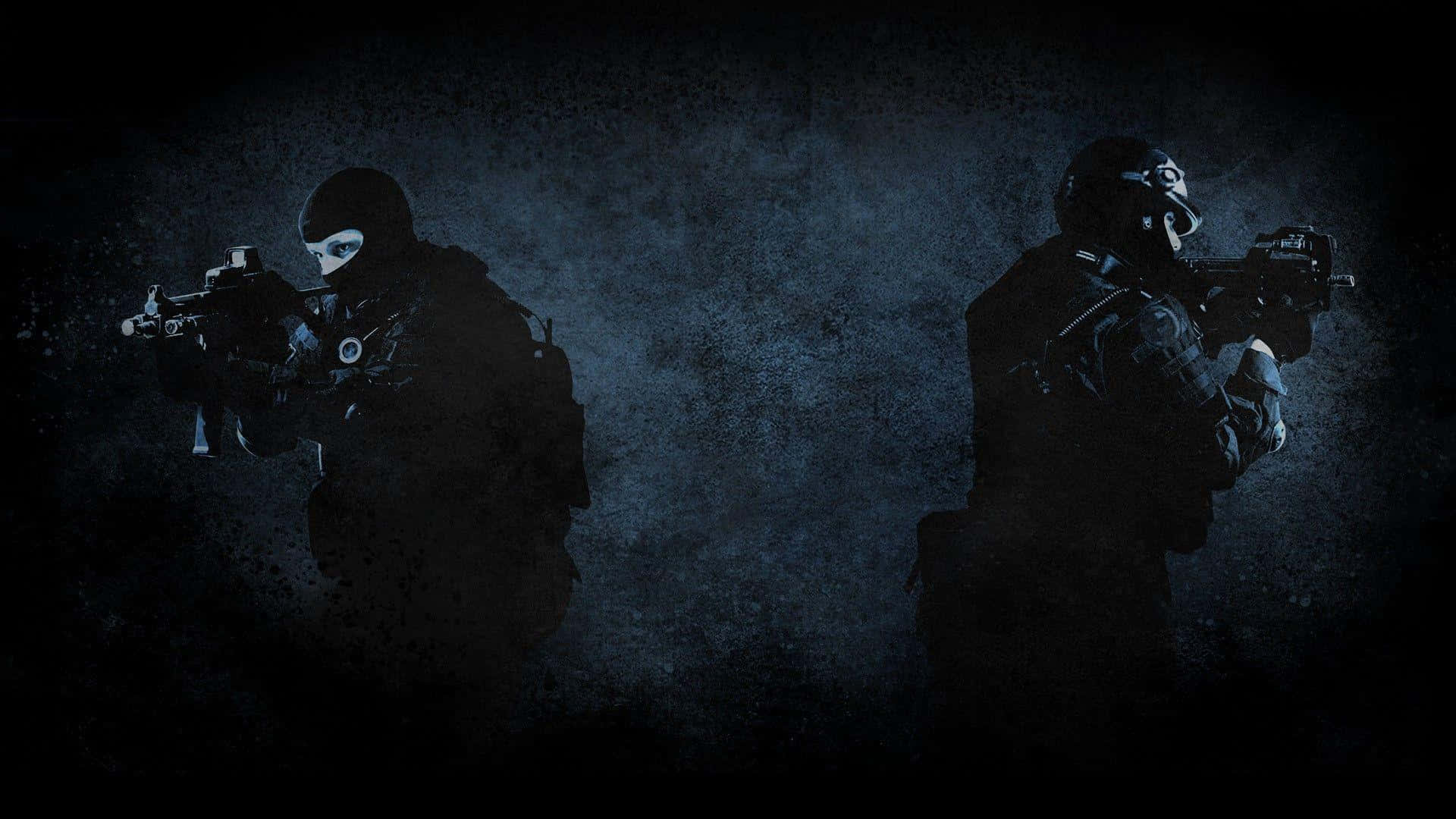 兩名身穿戰術裝備的武裝士兵站在深藍色粗糙環境中。