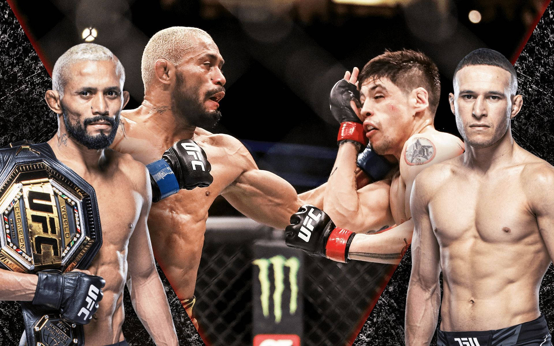 四位UFC拳手在八角籠中一人揮拳另一人持有腰帶