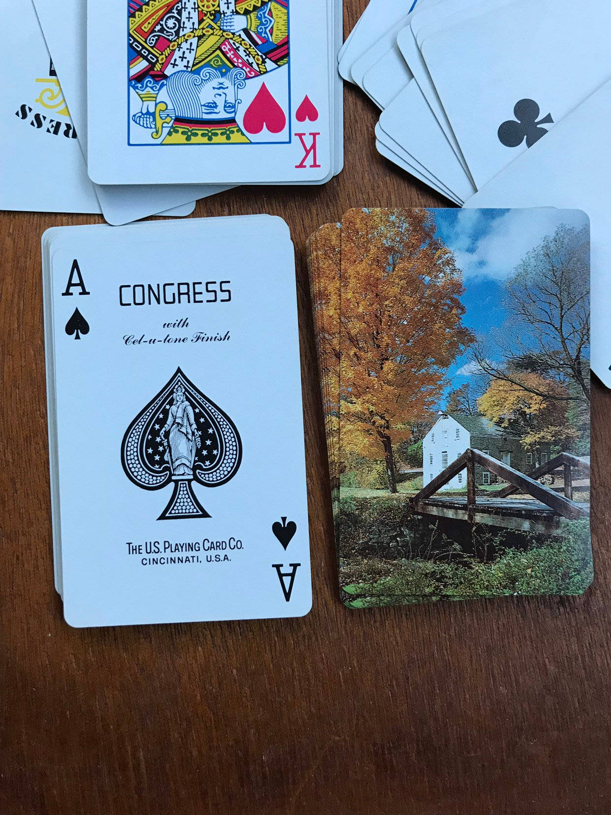 帶有秋日場景和政治諷刺的撲克牌在木質表面上。
