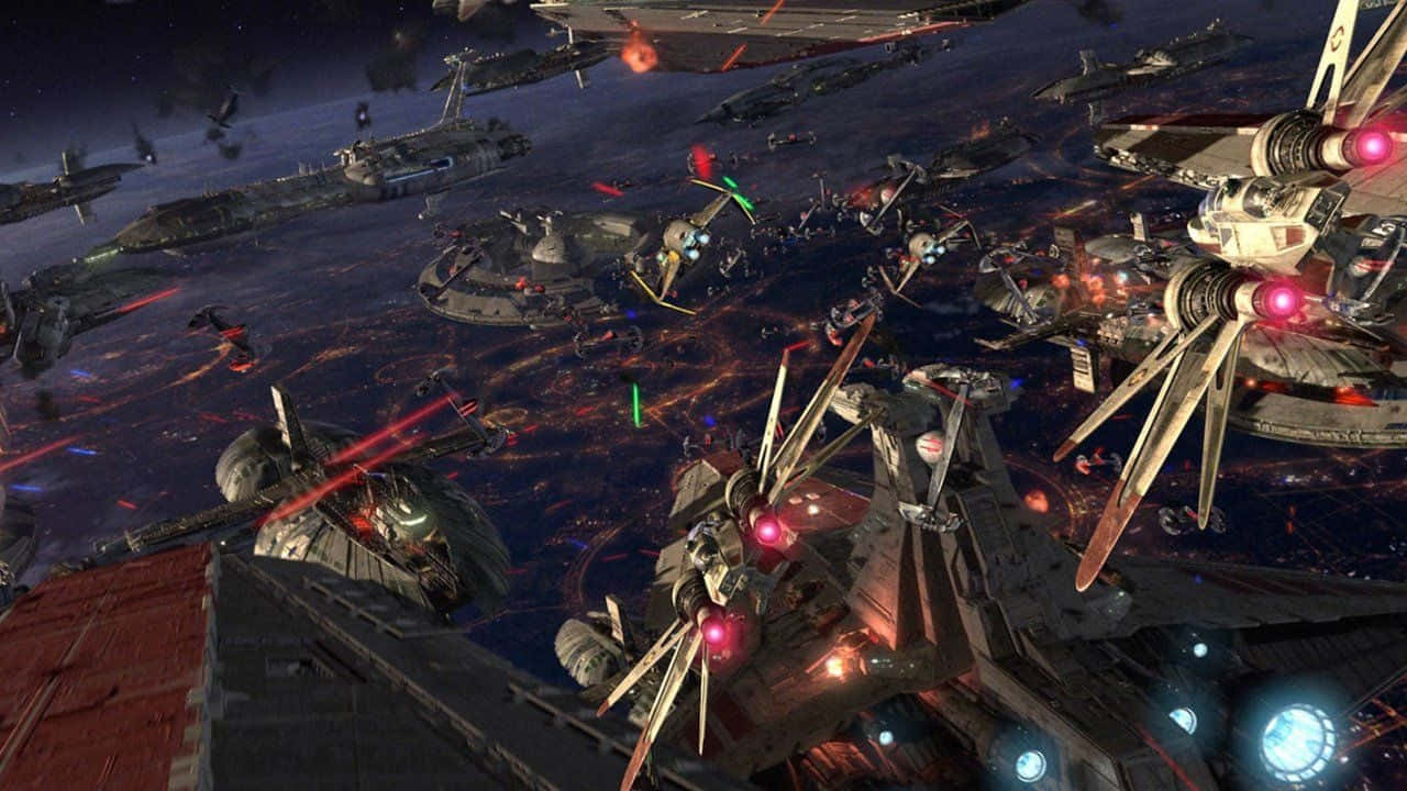 Cool Star Wars 桌布 壁紙 — 激烈的太空戰鬥，星際戰機和主力艦在熾熱行星上空交火。