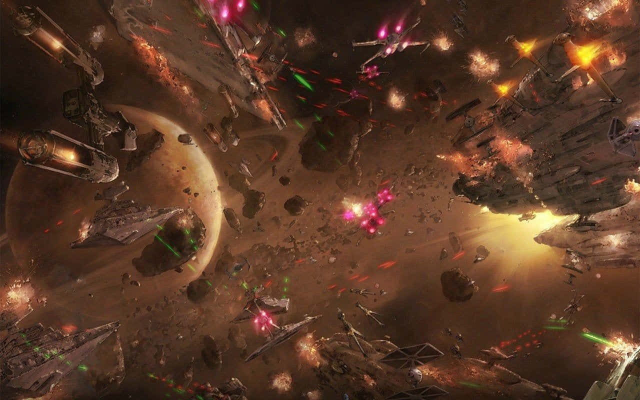 Cool Star Wars 桌布 壁紙 — 激烈的太空戰鬥，星際戰機在發光行星附近的小行星和爆炸飛船中發射彩色激光。