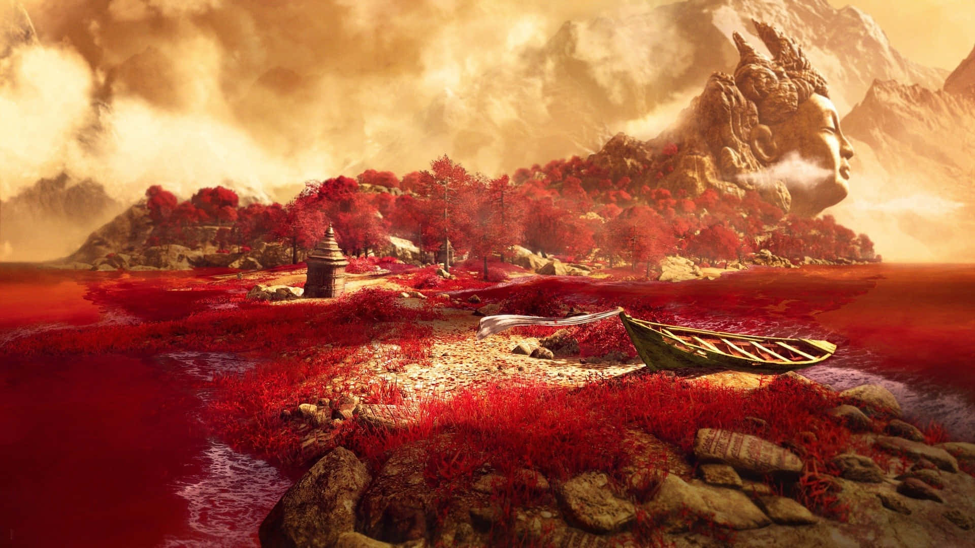 激烈遊戲動作與絕美風景——《孤島驚魂4》遊戲背景 壁紙 — 超現實景觀，一個巨大的佛陀頭顱從紅水中浮現，旁邊有一艘小船和寺廟。